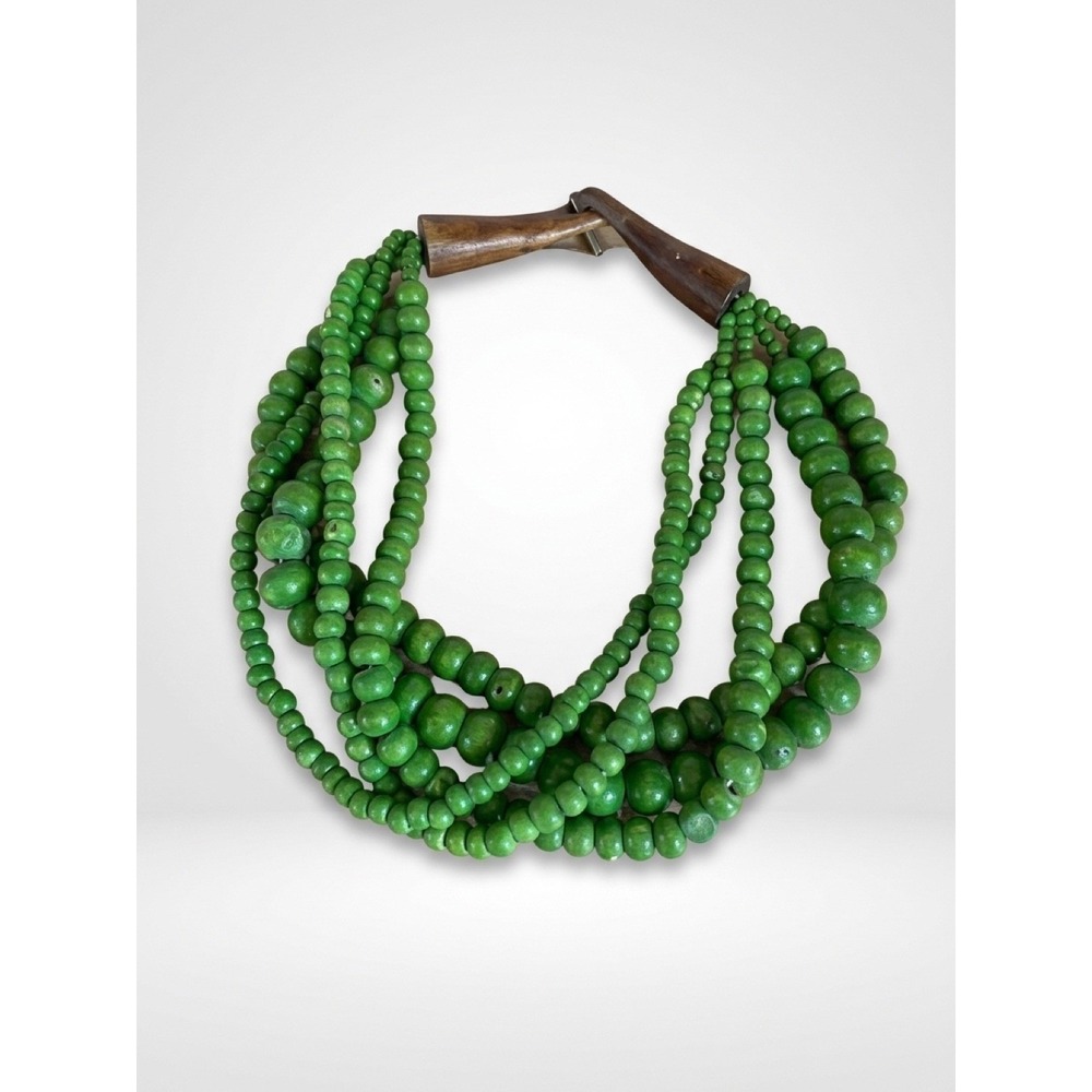 Vintage Green Wooden Beaded Statement Necklace Boho Retro Hippie 90s